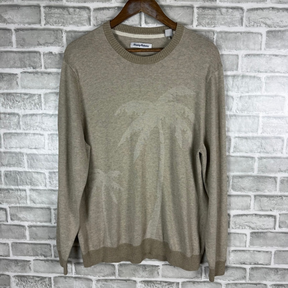 Tommy Bahama Mens Tan Beige Tonal Palm Tree Cotton Crewneck Sweater Large